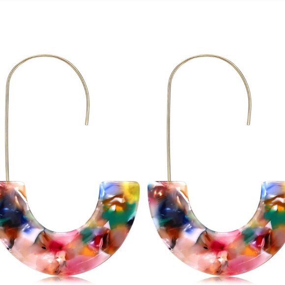 Acrylic Earrings Statement Tortoise Hoop Earrings Resin Wire Drop Dangle Earring - Picture 1 of 4